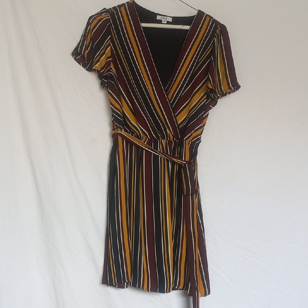 AUW Striped Wrap Mini Dress in Mustard, Black & Burgundy